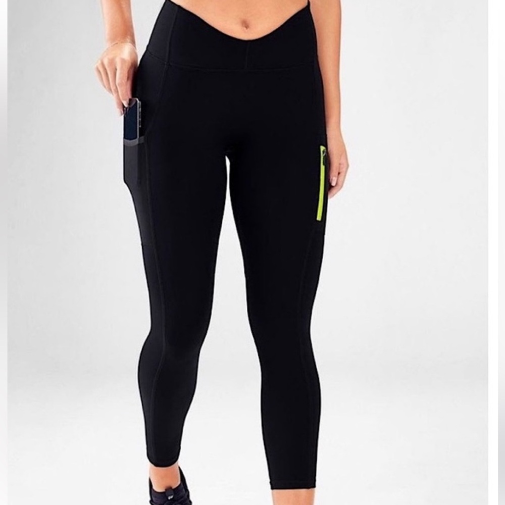 Fabletics Motion 365 Thick Black & Citron Athletic Yoga Pants Workout Leggings S